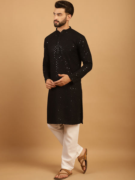 Embellished Sequinned Chikankari Embroidered Black Kurta Pajama Set by Treemoda