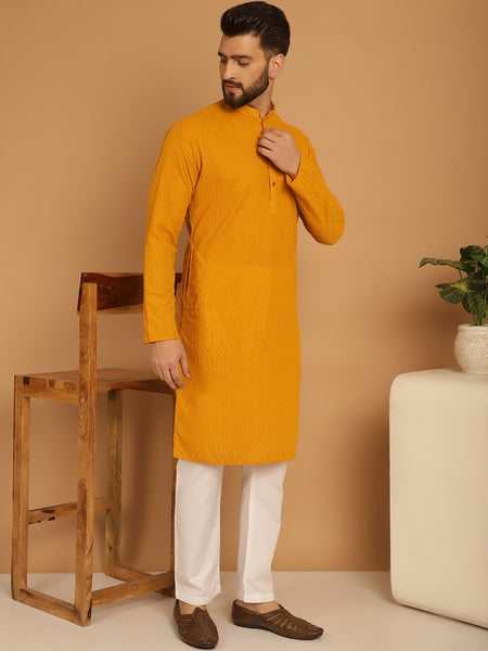 Designer Mustard Yellow Chikankari Embroidered Kurta Pajama Set by Treemoda
