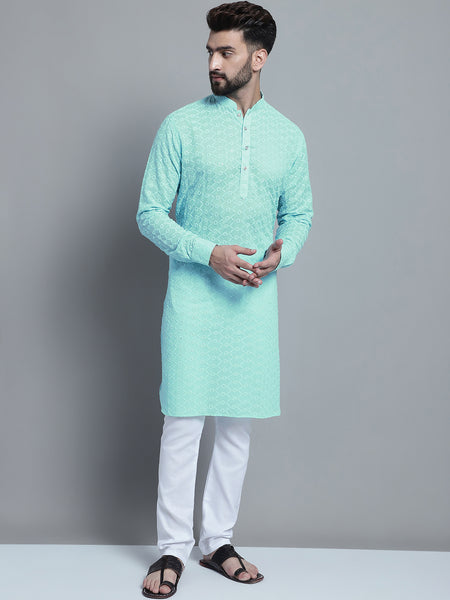 Sky Blue Chikankari Embroidery Cotton Kurta Pajama Set by Treemoda