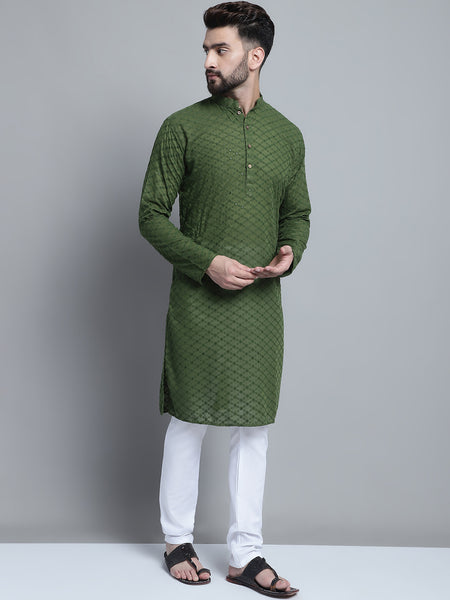 Green Chikankari Embroidery Cotton Kurta Pajama Set by Treemoda