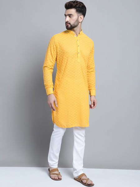 Yellow Chikankari Embroidery Cotton Kurta Pajama Set by Treemoda