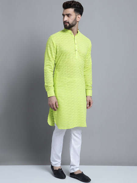 Lime Green Chikankari Embroidery Cotton Kurta Pajama Set by Treemoda