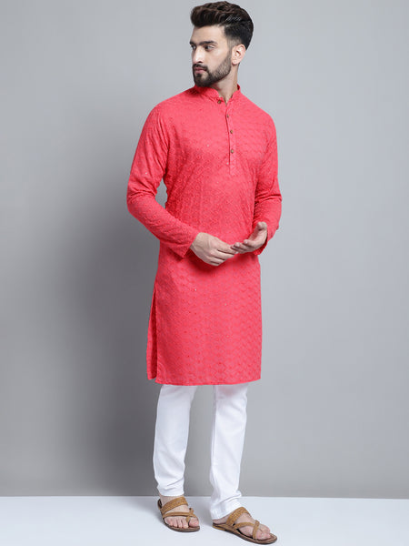Carrot Red Chikankari Embroidery Cotton Kurta Pajama by Treemoda