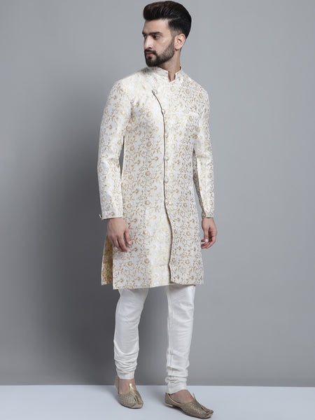 Designer White Golden Brocade Silk Sherwani Set by Treemoda