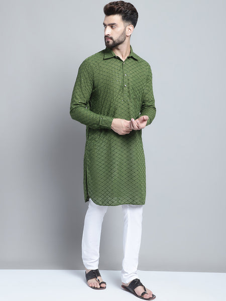 Embroidered Cotton Chikankari Green Pathani Kurta Pajama Set by Treemoda