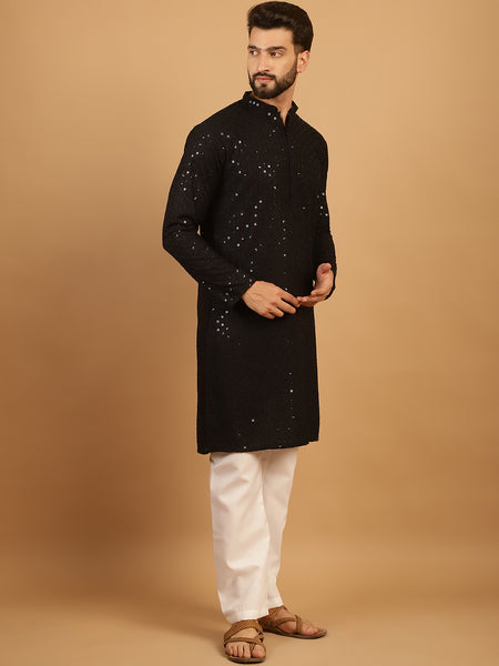 Embellished Sequinned Chikankari Embroidered Black Kurta Pajama Set by Treemoda