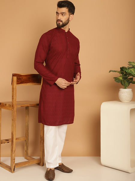 Designer Maroon Chikankari Embroidered Kurta Pajama Set by Treemoda