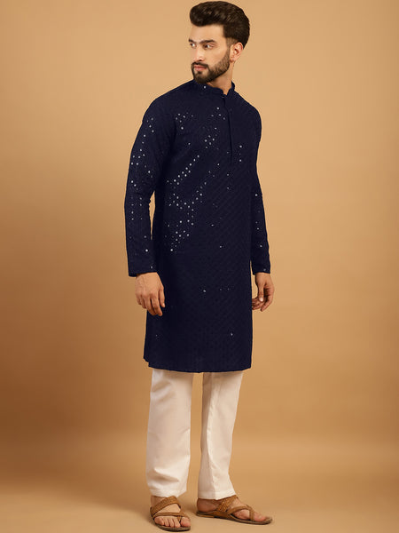 Embellished Sequinned Chikankari Embroidered Navy Blue Kurta Pajama Set by Treemoda