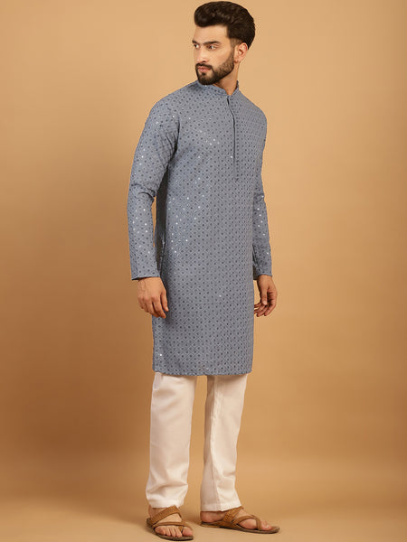 Embellished Sequinned Chikankari Embroidered Light Grey Kurta Pajama Set by Treemoda