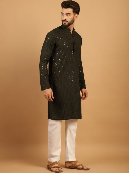 Embellished Sequinned Chikankari Embroidered Dark Mehndi Green Kurta Pajama Set by Treemoda