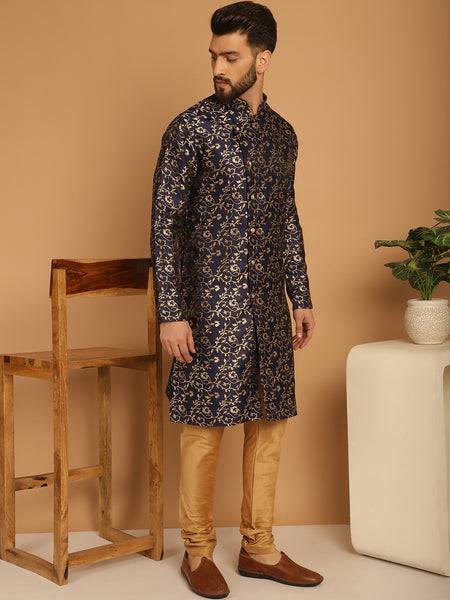 Designer Blue Golden Brocade Silk Sherwani Set by Treemoda
