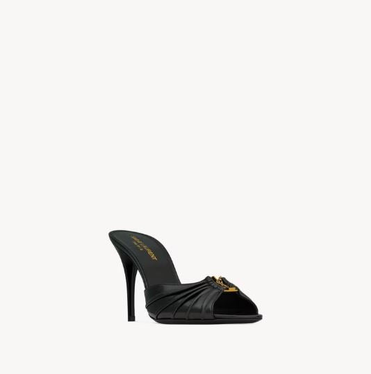 Ruched Open-Toe High-Heeled Mules with Gold Accent