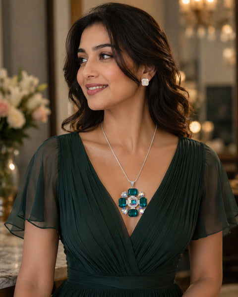 Elegant Blue AD Stone Necklace & Earrings Set with Silver-Plated Brass Finish