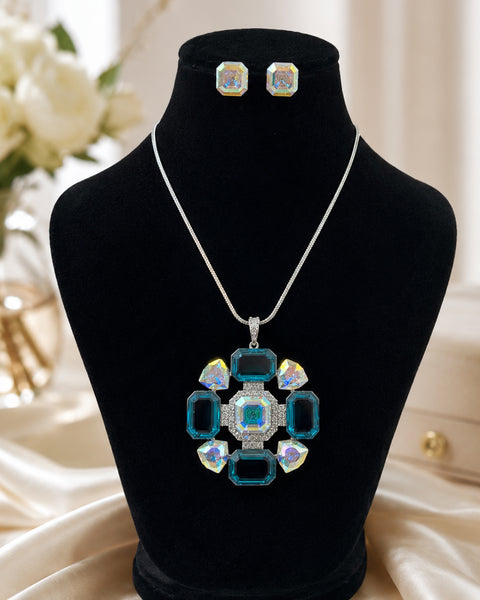 Elegant Blue AD Stone Necklace & Earrings Set with Silver-Plated Brass Finish