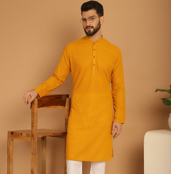 Designer Mustard Yellow Chikankari Embroidered Kurta Pajama Set by Treemoda
