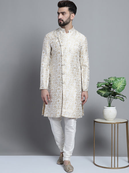 Designer White Golden Brocade Silk Sherwani Set by Treemoda