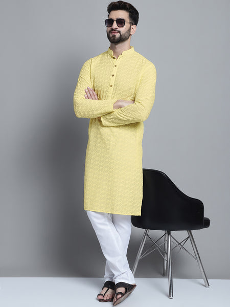 Cream Color Chikankari Embroidery Cotton Kurta Pajama by Treemoda