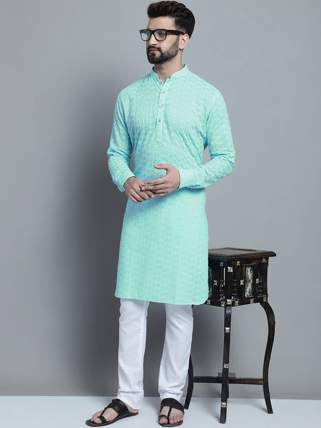 Sky Blue Chikankari Embroidery Cotton Kurta Pajama Set by Treemoda