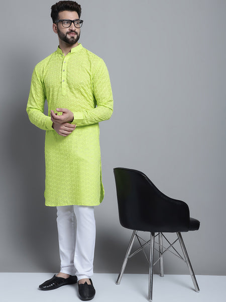 Lime Green Chikankari Embroidery Cotton Kurta Pajama Set by Treemoda
