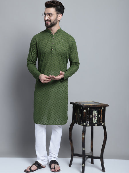 Green Chikankari Embroidery Cotton Kurta Pajama Set by Treemoda