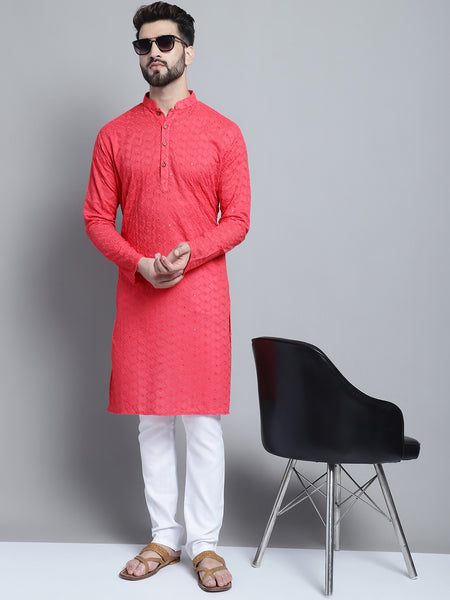 Carrot Red Chikankari Embroidery Cotton Kurta Pajama by Treemoda