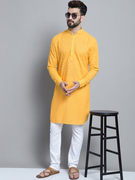 Yellow Chikankari Embroidery Cotton Kurta Pajama Set by Treemoda