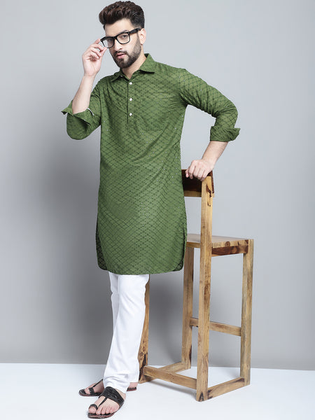 Embroidered Cotton Chikankari Green Pathani Kurta Pajama Set by Treemoda