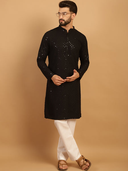 Embellished Sequinned Chikankari Embroidered Black Kurta Pajama Set by Treemoda