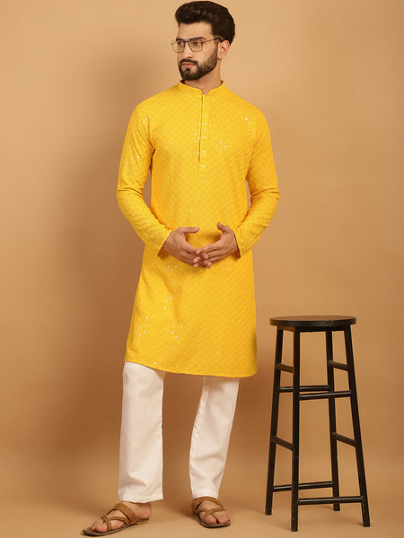 Embellished Sequinned Chikankari Embroidered Yellow Kurta Pajama Set by Treemoda