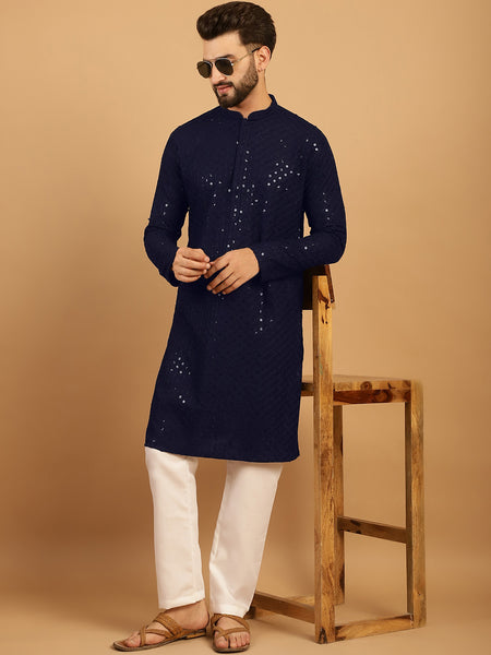 Embellished Sequinned Chikankari Embroidered Navy Blue Kurta Pajama Set by Treemoda