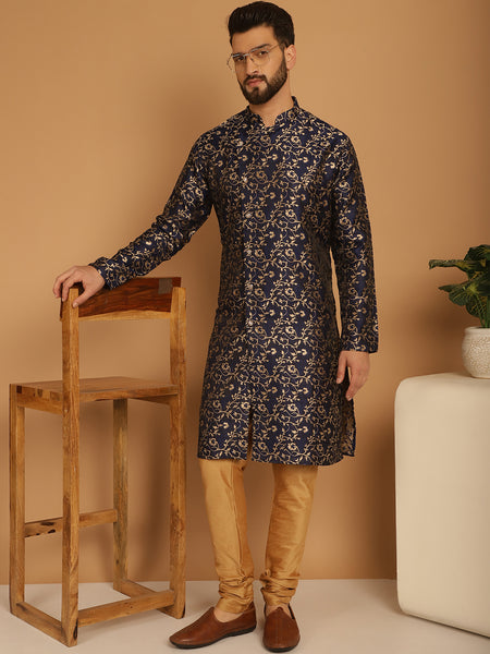 Designer Blue Golden Brocade Silk Sherwani Set by Treemoda