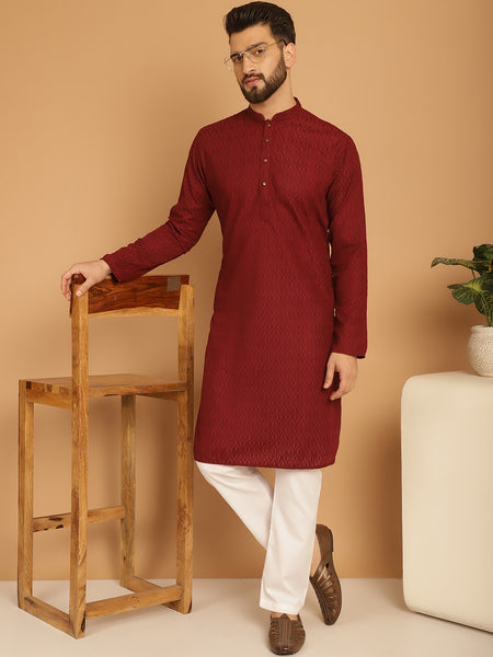 Designer Maroon Chikankari Embroidered Kurta Pajama Set by Treemoda