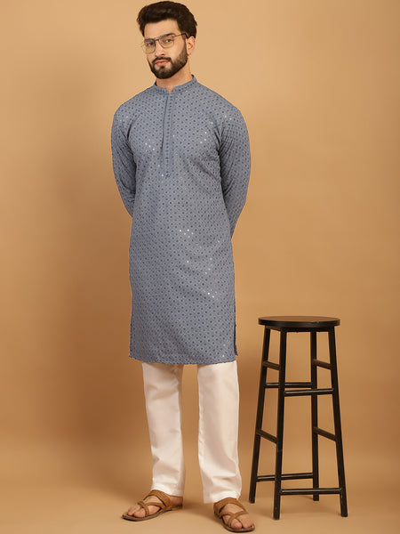 Embellished Sequinned Chikankari Embroidered Light Grey Kurta Pajama Set by Treemoda