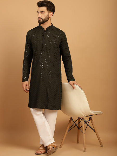 Embellished Sequinned Chikankari Embroidered Dark Mehndi Green Kurta Pajama Set by Treemoda