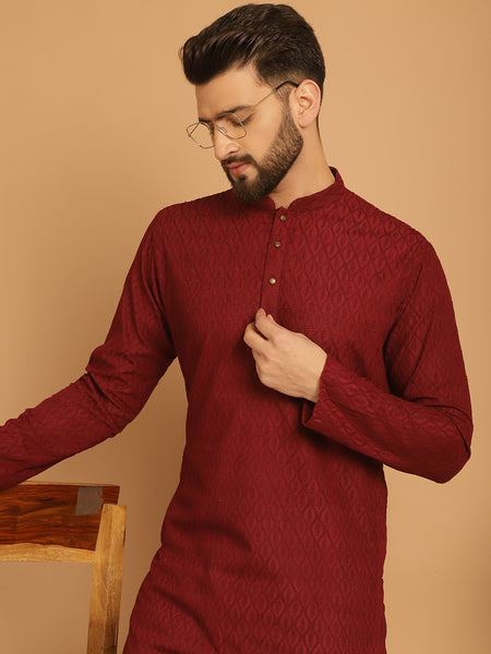 Designer Maroon Chikankari Embroidered Kurta Pajama Set by Treemoda