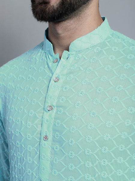 Sky Blue Chikankari Embroidery Cotton Kurta Pajama Set by Treemoda