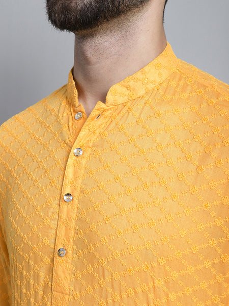 Yellow Chikankari Embroidery Cotton Kurta Pajama Set by Treemoda