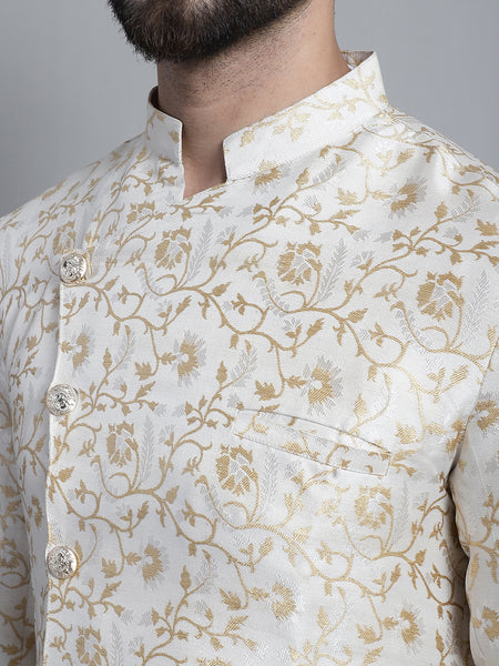 Designer White Golden Brocade Silk Sherwani Set by Treemoda