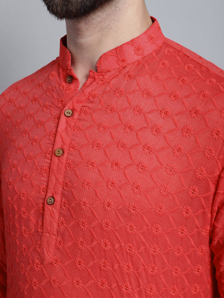 Carrot Red Chikankari Embroidery Cotton Kurta Pajama by Treemoda
