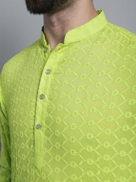 Lime Green Chikankari Embroidery Cotton Kurta Pajama Set by Treemoda
