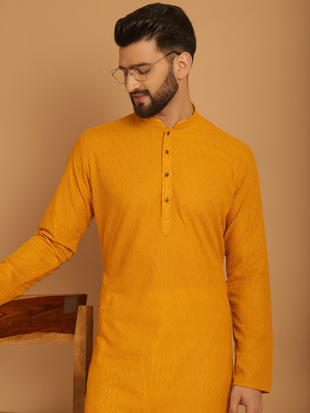 Designer Mustard Yellow Chikankari Embroidered Kurta Pajama Set by Treemoda