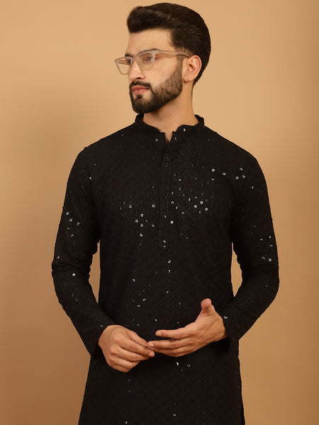 Embellished Sequinned Chikankari Embroidered Black Kurta Pajama Set by Treemoda