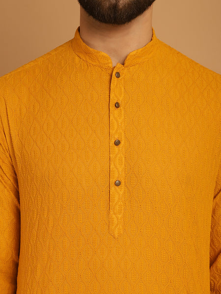 Designer Mustard Yellow Chikankari Embroidered Kurta Pajama Set by Treemoda