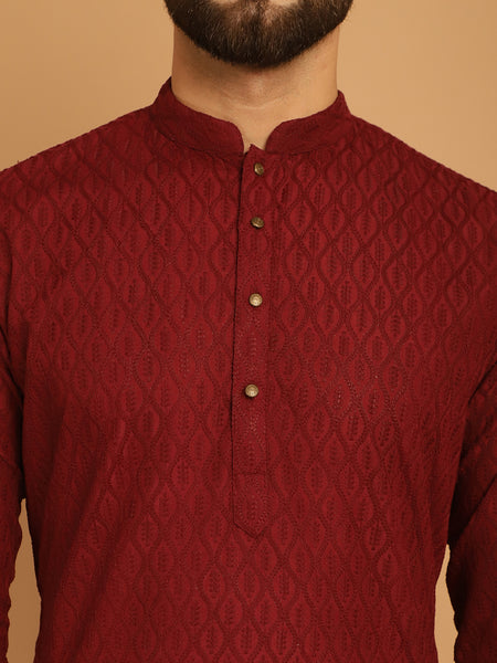 Designer Maroon Chikankari Embroidered Kurta Pajama Set by Treemoda