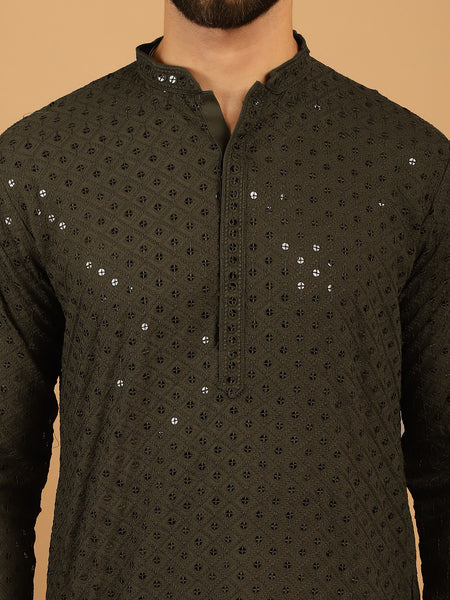 Embellished Sequinned Chikankari Embroidered Dark Mehndi Green Kurta Pajama Set by Treemoda
