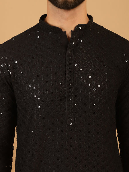Embellished Sequinned Chikankari Embroidered Black Kurta Pajama Set by Treemoda
