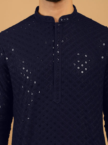 Embellished Sequinned Chikankari Embroidered Navy Blue Kurta Pajama Set by Treemoda