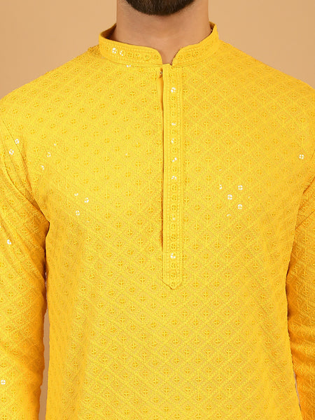 Embellished Sequinned Chikankari Embroidered Yellow Kurta Pajama Set by Treemoda