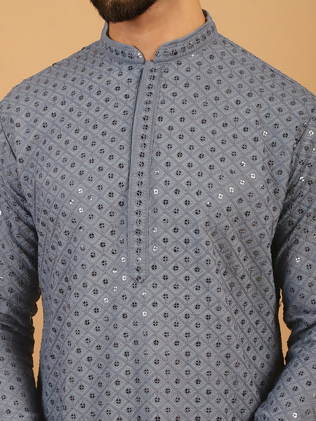 Embellished Sequinned Chikankari Embroidered Light Grey Kurta Pajama Set by Treemoda