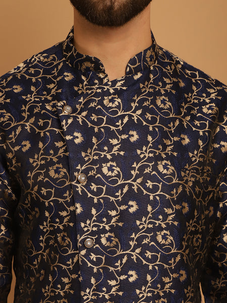 Designer Blue Golden Brocade Silk Sherwani Set by Treemoda